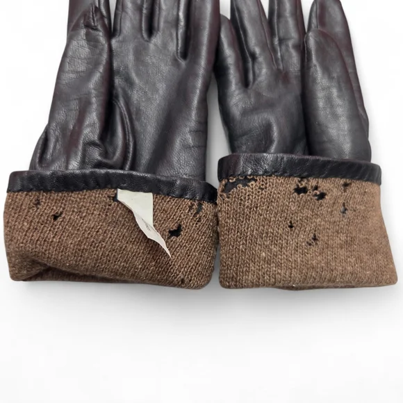 Vtg Isotoner Ladies Black Leather and Brown Cashmere Knit Gloves Size 7 Sm/Med** - Picture 3 of 6